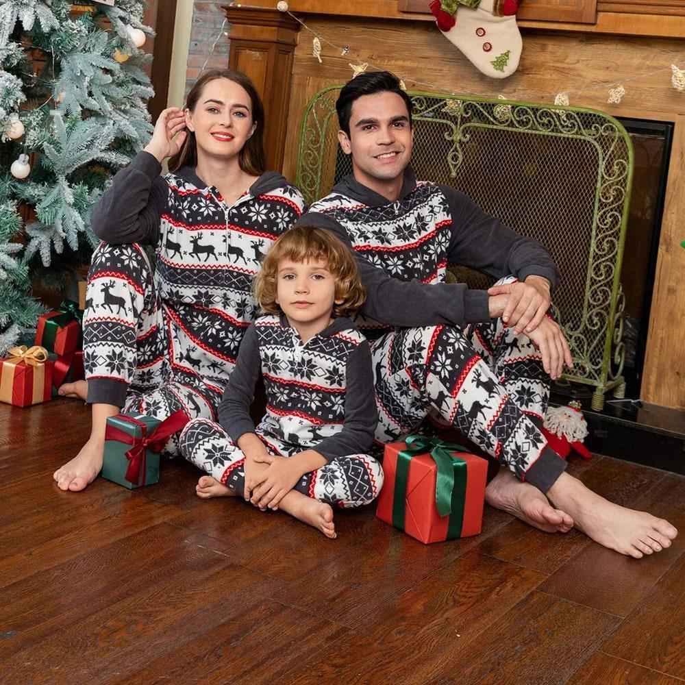 Christmas Family Matching Pajamas Blue Print Elk Hooded Jumpsuit