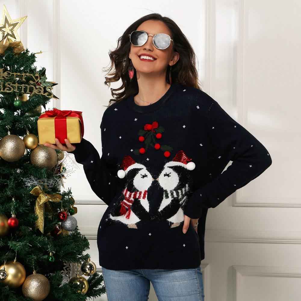 Little Penguin Jacquard Loose Long Sleeve Women Ugly Christmas Sweaters