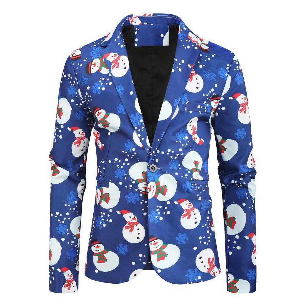 Men's Jackets Christmas Blazers Ugly Suits Blue Snowman Printed Coats - ciclove