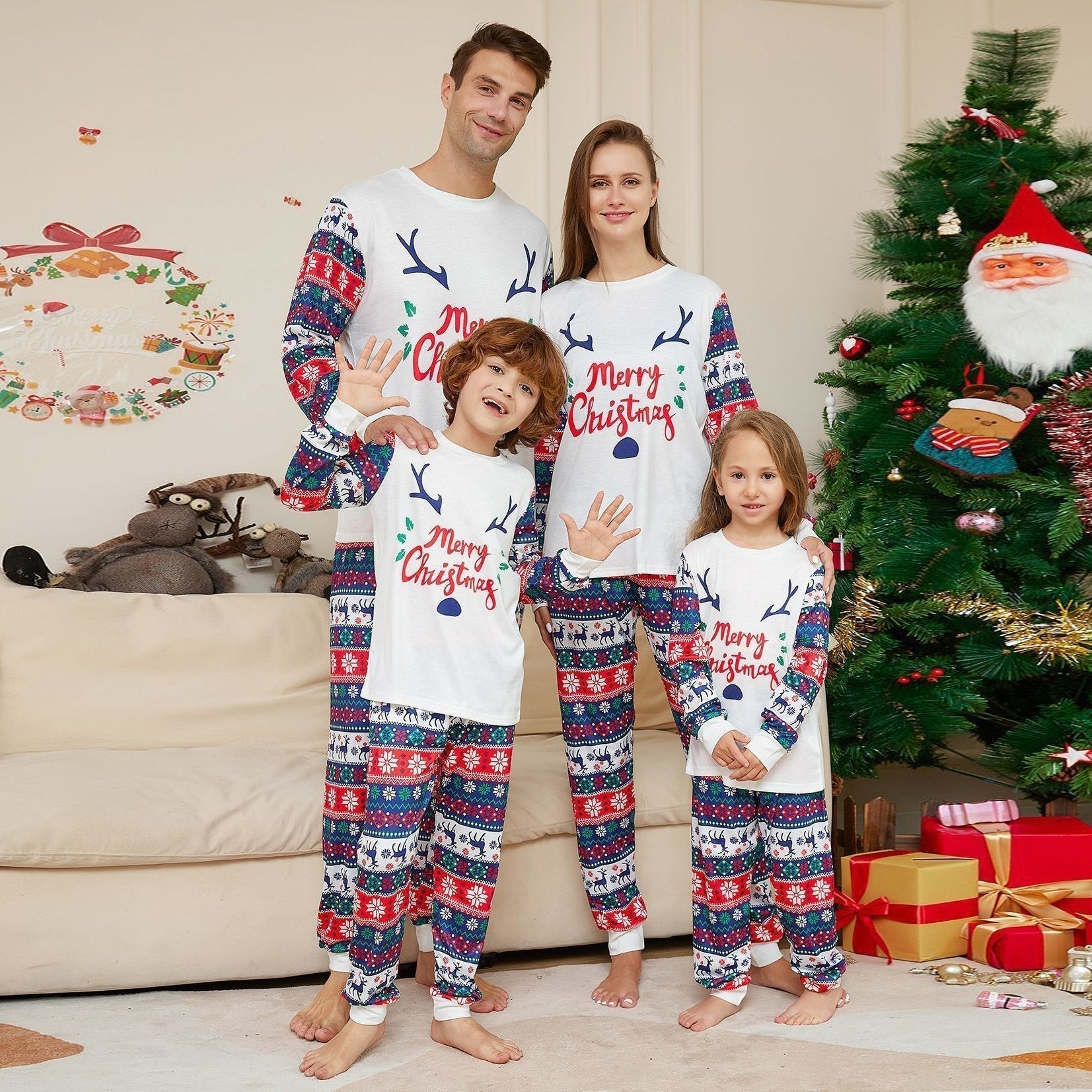 BuyLettered Elk Antler Print Christmas Family Couples Matching Pajamas Party Sets Now Cheaper With 3 - 5 Days Ship - PajamasBuy
