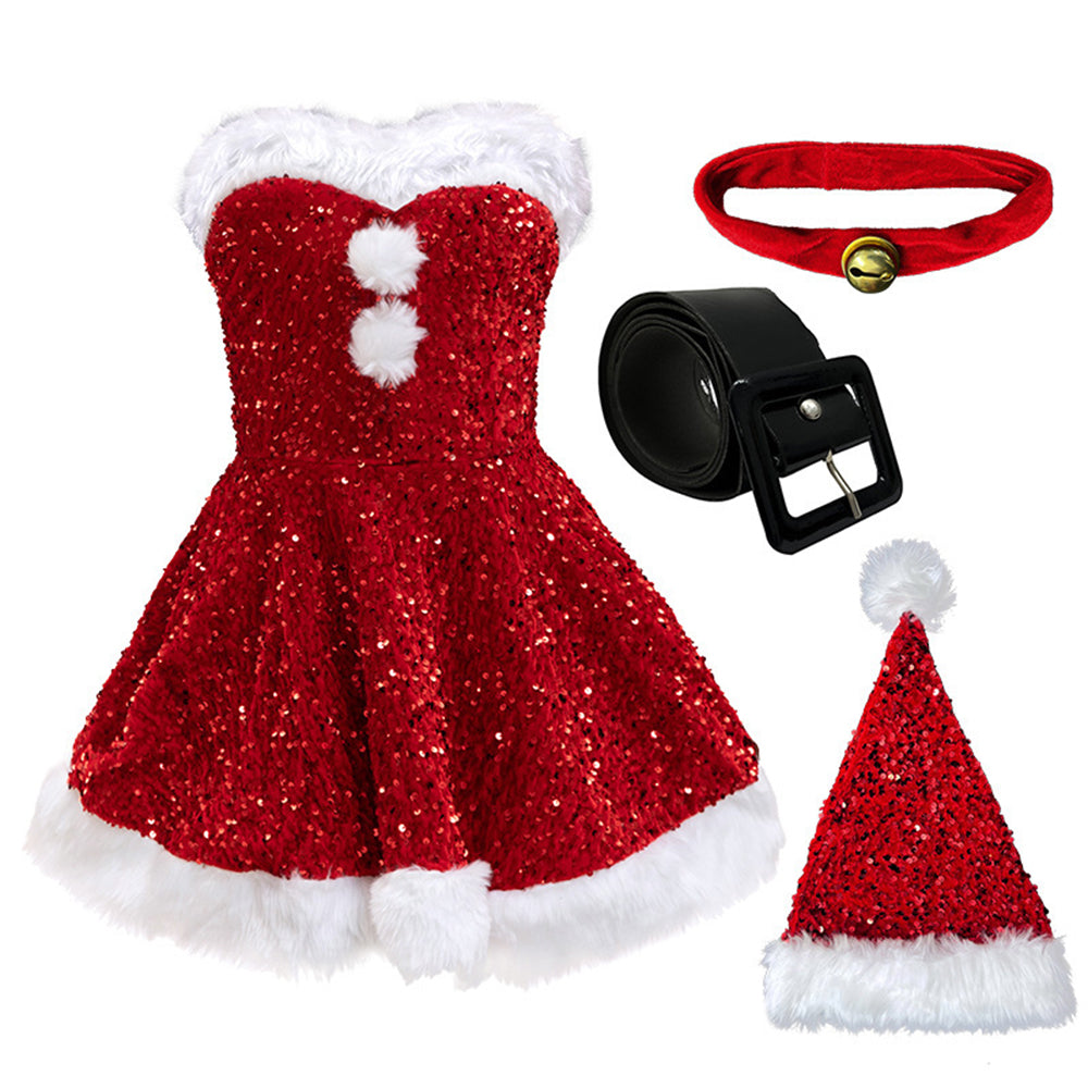 Women Christmas Dress Costume Sequin Santa Cosplay Outfits