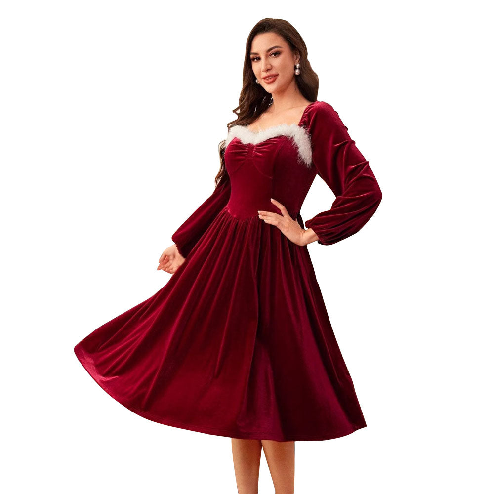 Women's Vintage Elegant Christmas Party Cocktail Long Sleeve Red Dress