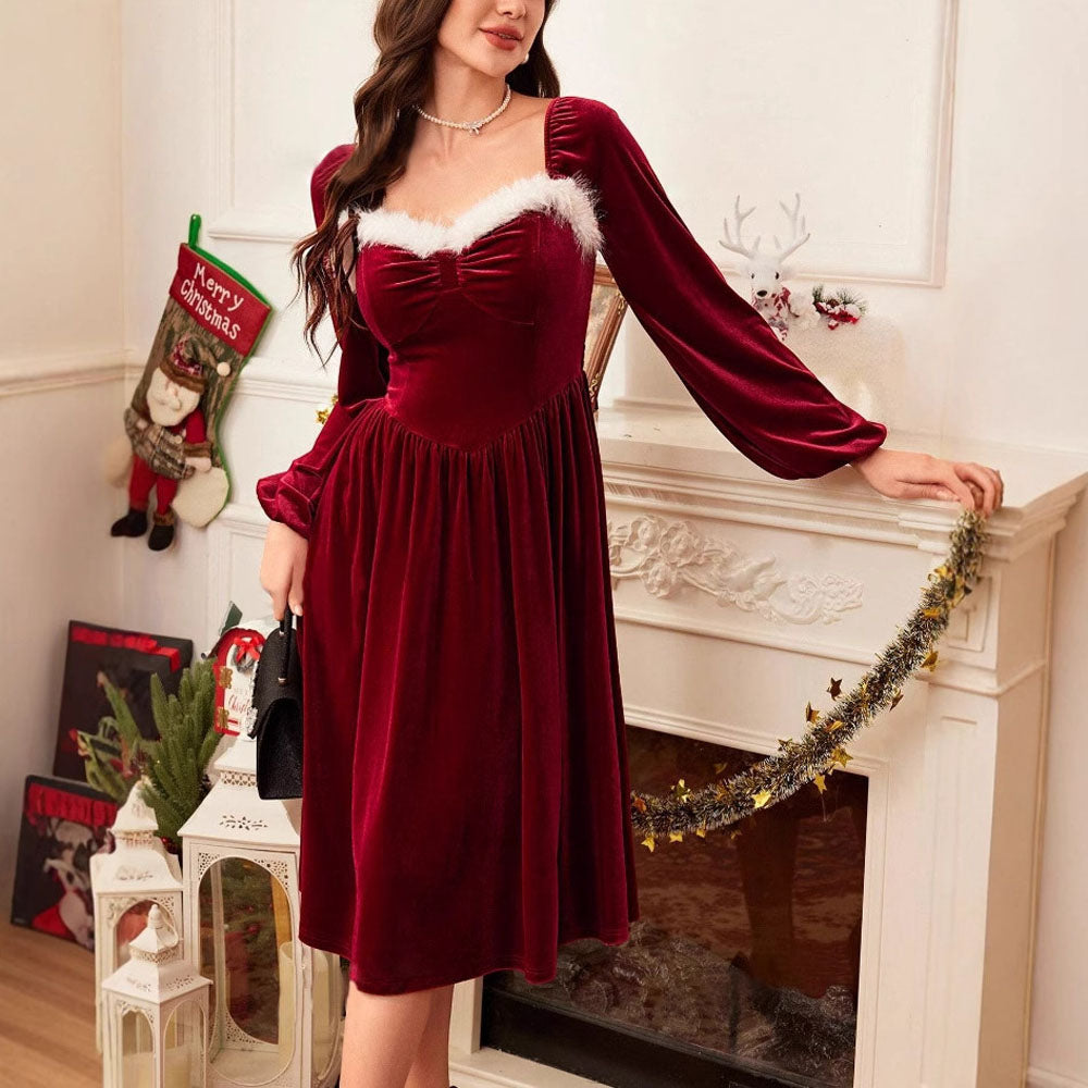Women's Vintage Elegant Christmas Party Cocktail Long Sleeve Red Dress