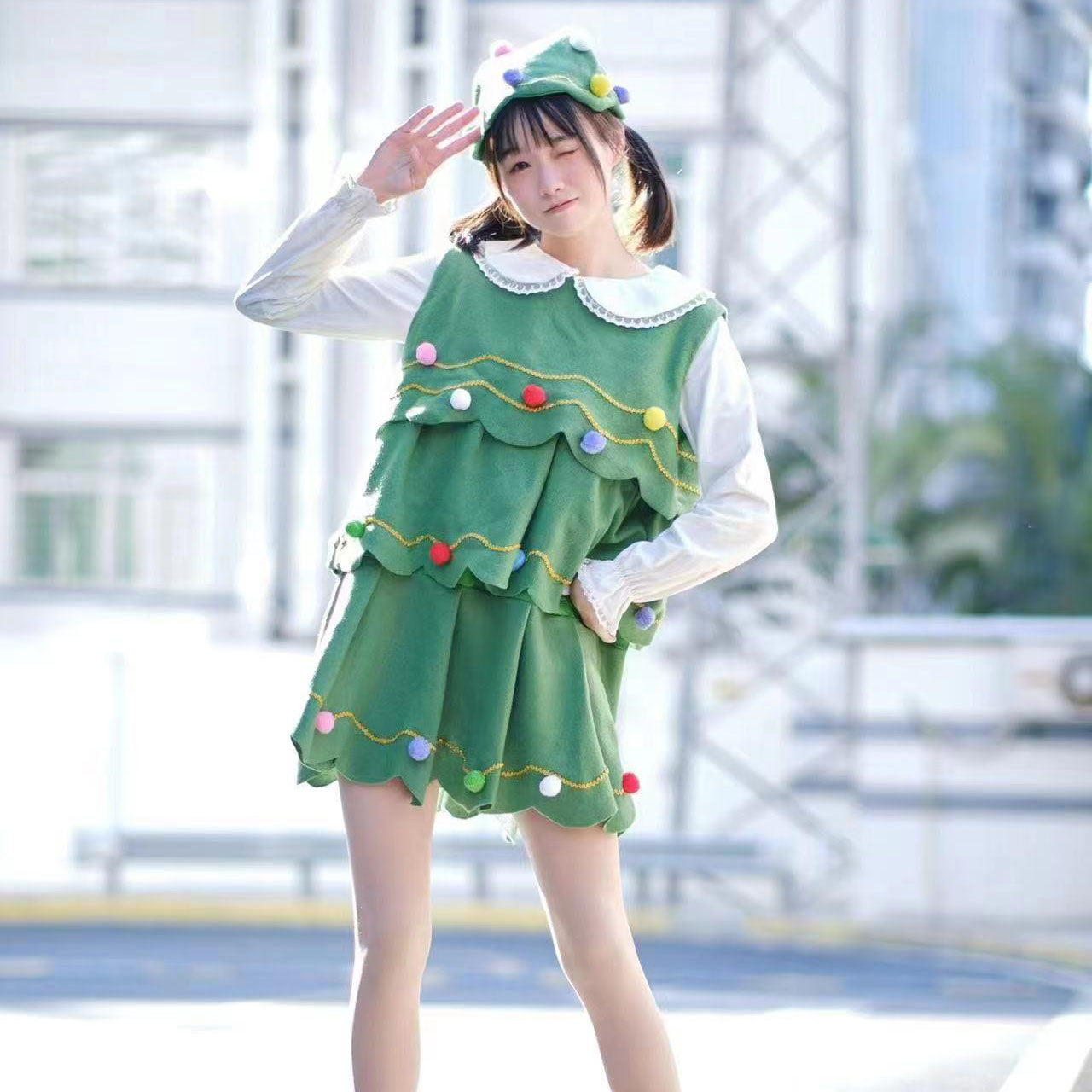 Christmas Girls  XmasTree Dress Child Costume Outfit 2 PC Set