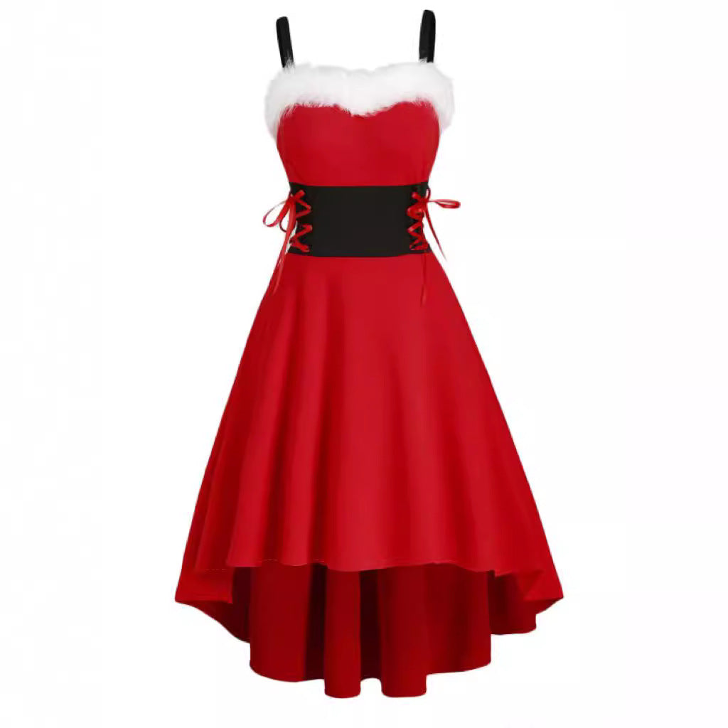 Womens Asymmetric Sleeveless Red Midi Merry Christmas Dress Costumes