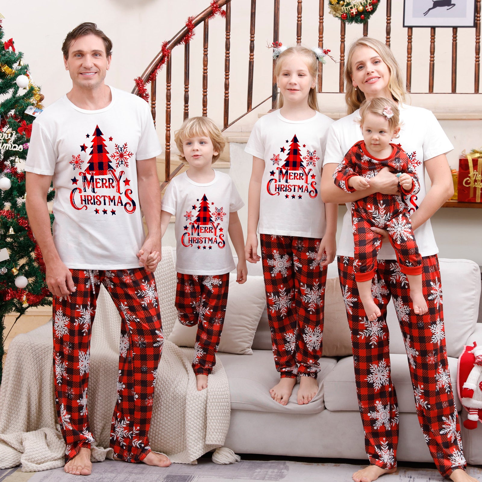 Family Matching Pajamas Christmas tree snowflakes Red Black plaid print Sets - Ciclove