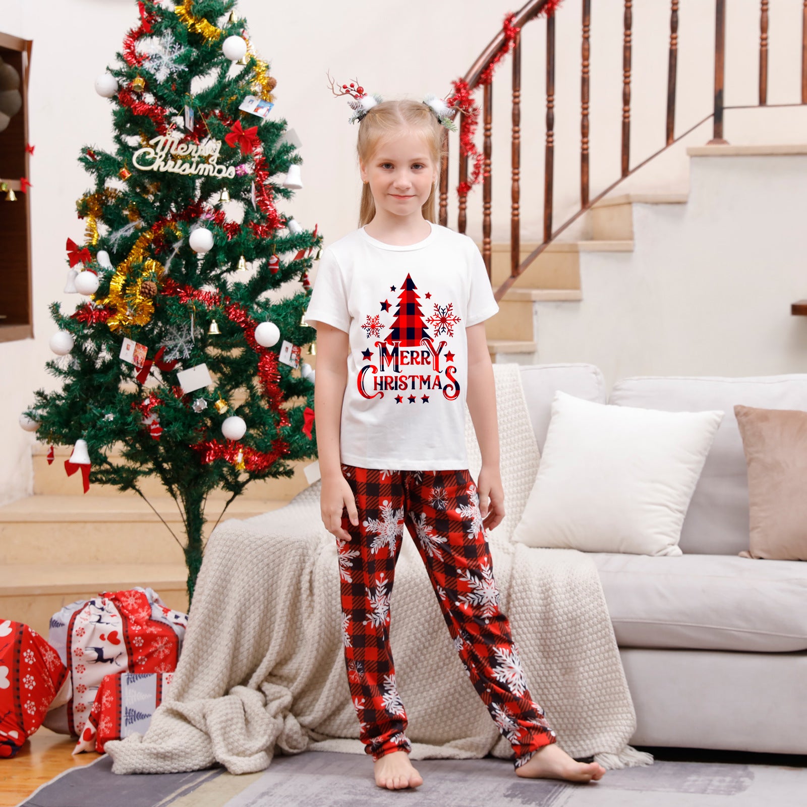 Family Matching Pajamas Christmas tree snowflakes Red Black plaid print Sets - Ciclove