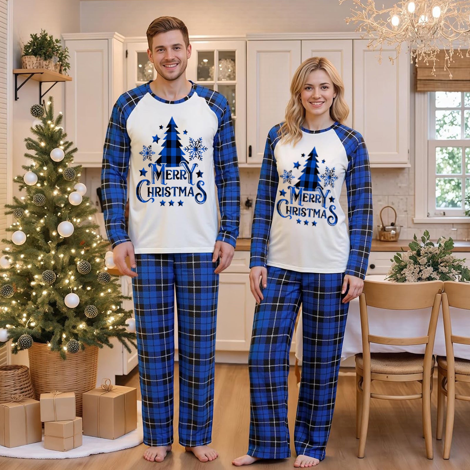 Family Matching Pajamas Christmas Tree Blue Black plaid print Sets - Ciclove