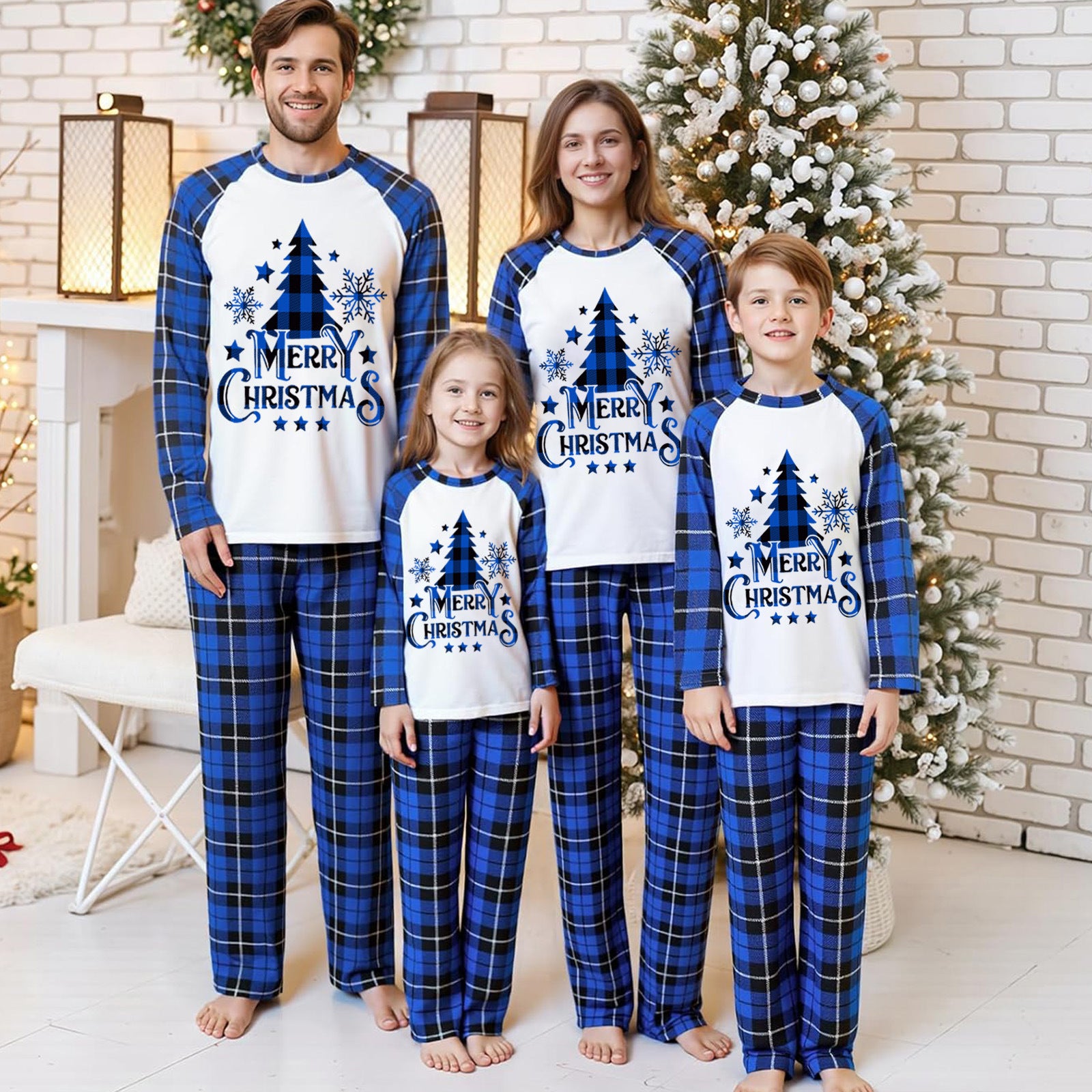 Family Matching Pajamas Christmas Tree Blue Black plaid print Sets - Ciclove