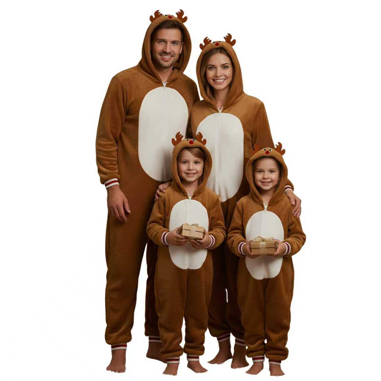Family Matching Christmas Adults Pajamas Xmas Elk Antlers Hoodies Flannel Jumpsuit - Ciclove