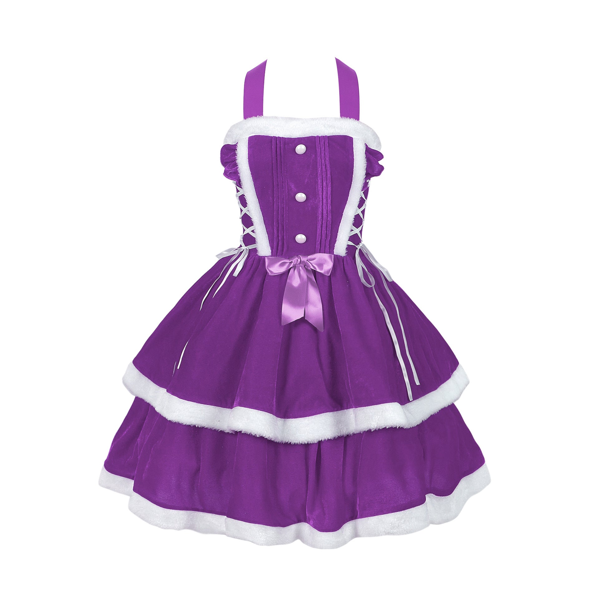 Womens Christmas Lace Up Party Stage Performance Dresses Santa Claus Outfits with Cape - Ciclove