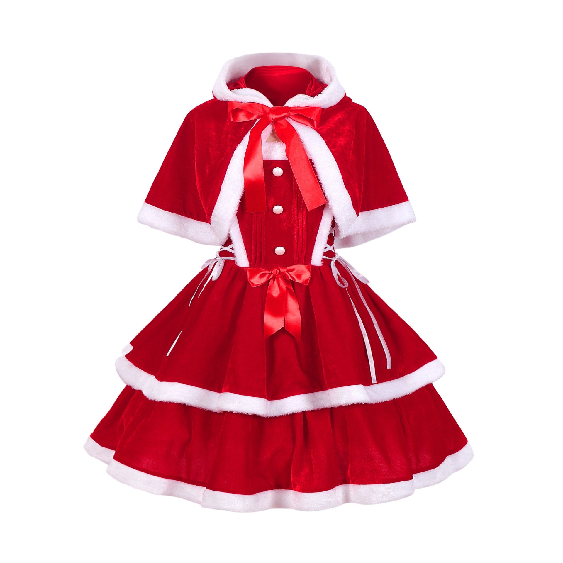 Womens Christmas Lace Up Party Stage Performance Dresses Santa Claus Outfits with Cape - Ciclove