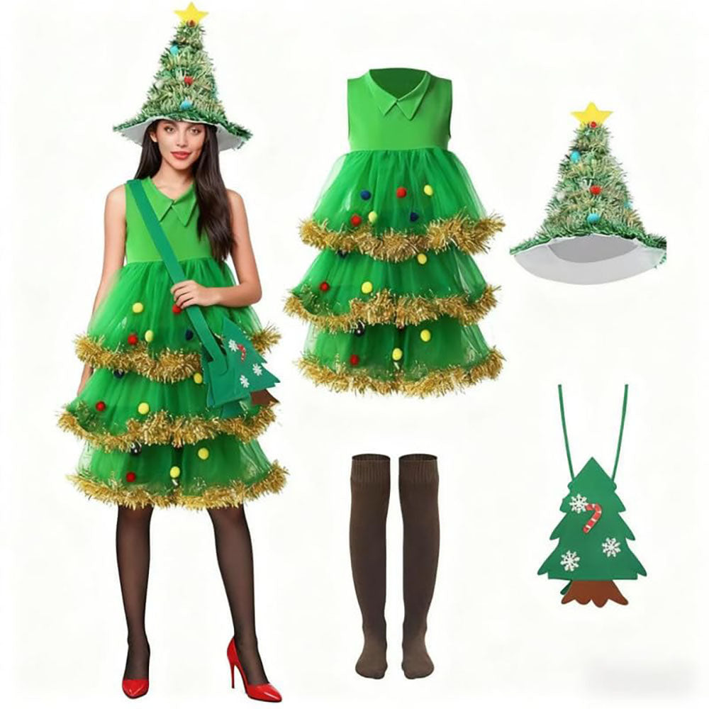 Women 7 Pcs Christmas Tree Costume Set Outfit Dress - Ciclove