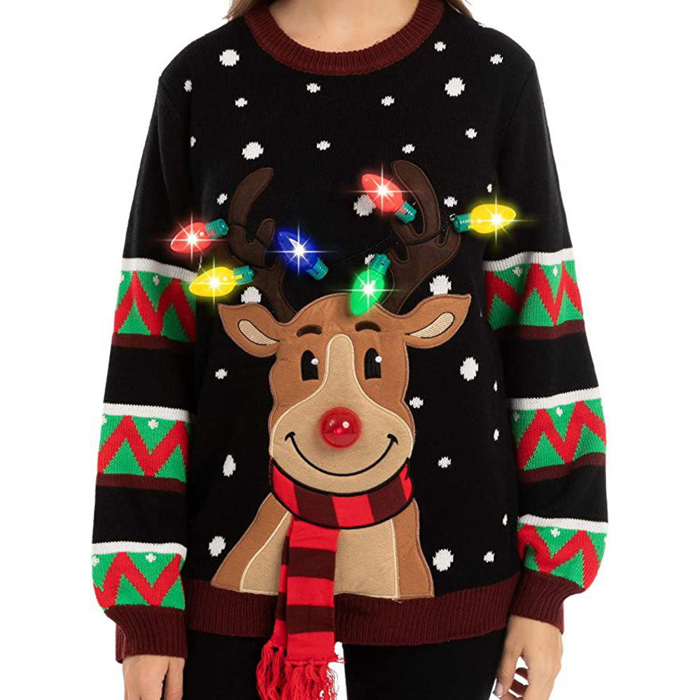 ugly women christmas Claus Sweater Funny Elk With LED lights - Ciclove