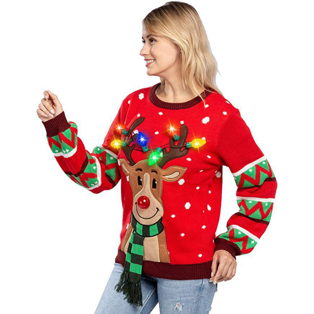 ugly women christmas Claus Sweater Funny Elk With LED lights - Ciclove