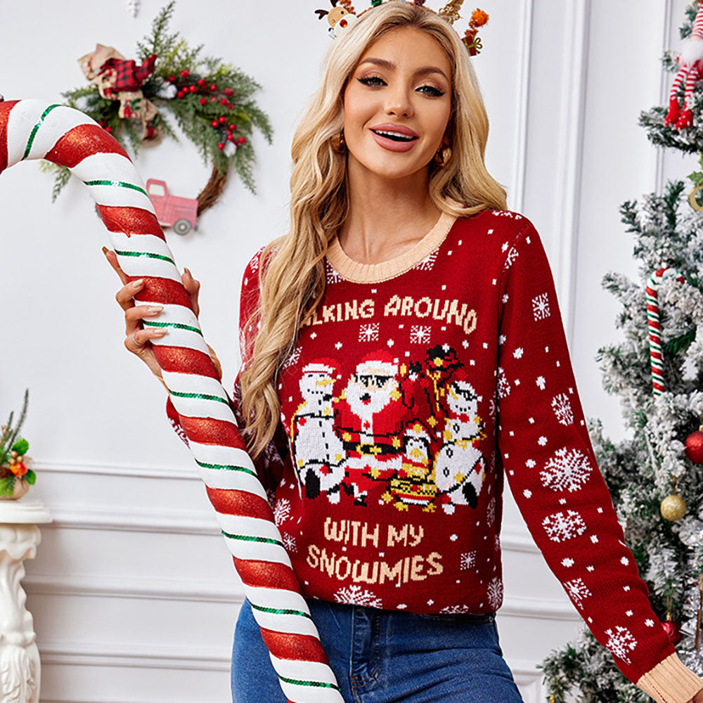 ugly women christmas Claus snowflake jacquard round neck sweater With LED lights - Ciclove