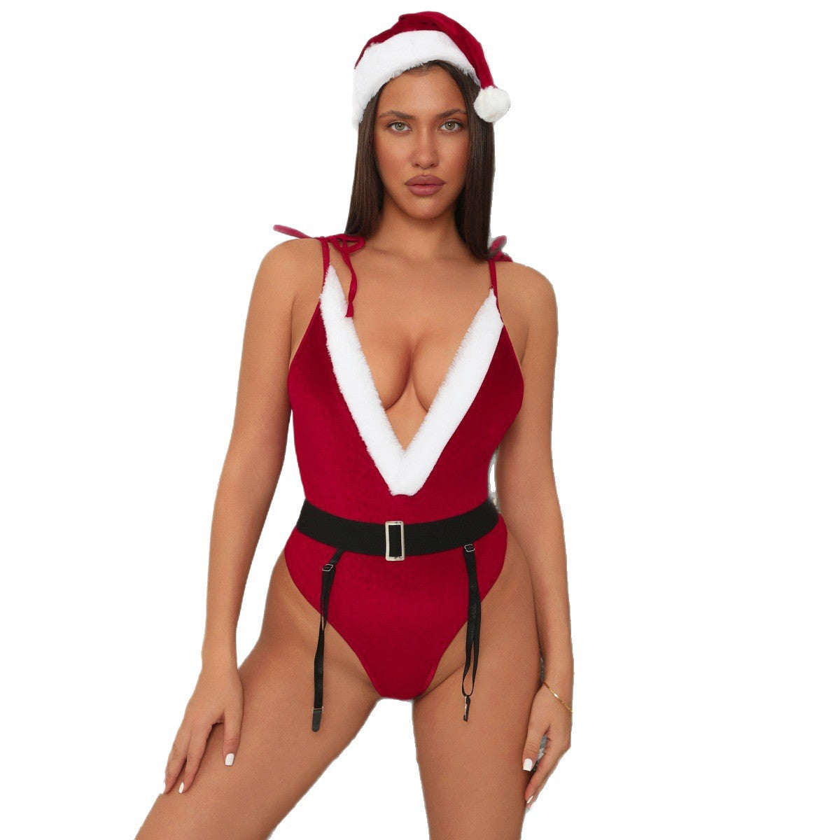 Christmas 1970s Deep V Velvet Plush Costumes Bodysuit With Hat - Ciclove