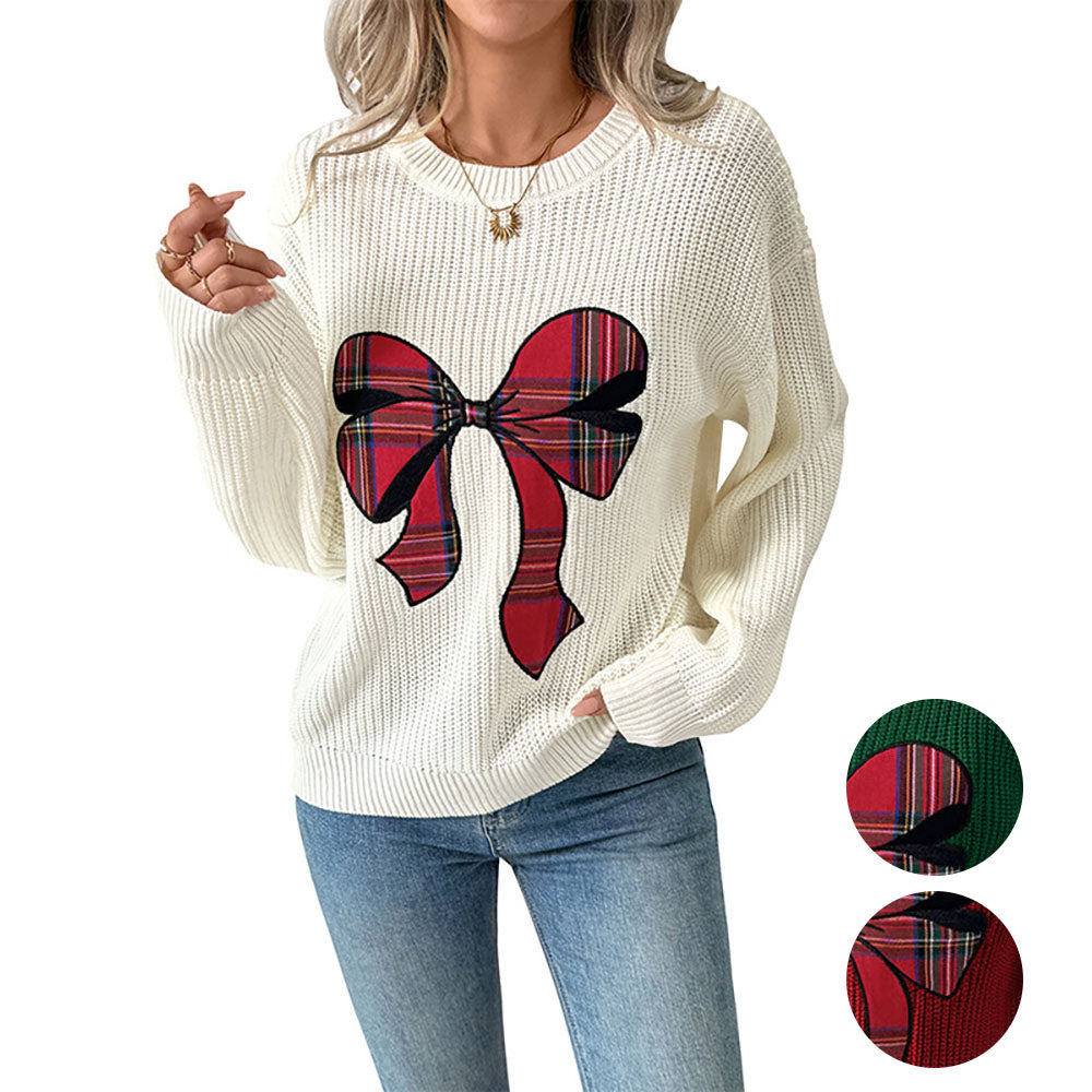 Ugly Christmas Sweaters 1980s Plaid Bow Round Neck Sweater - Ciclove
