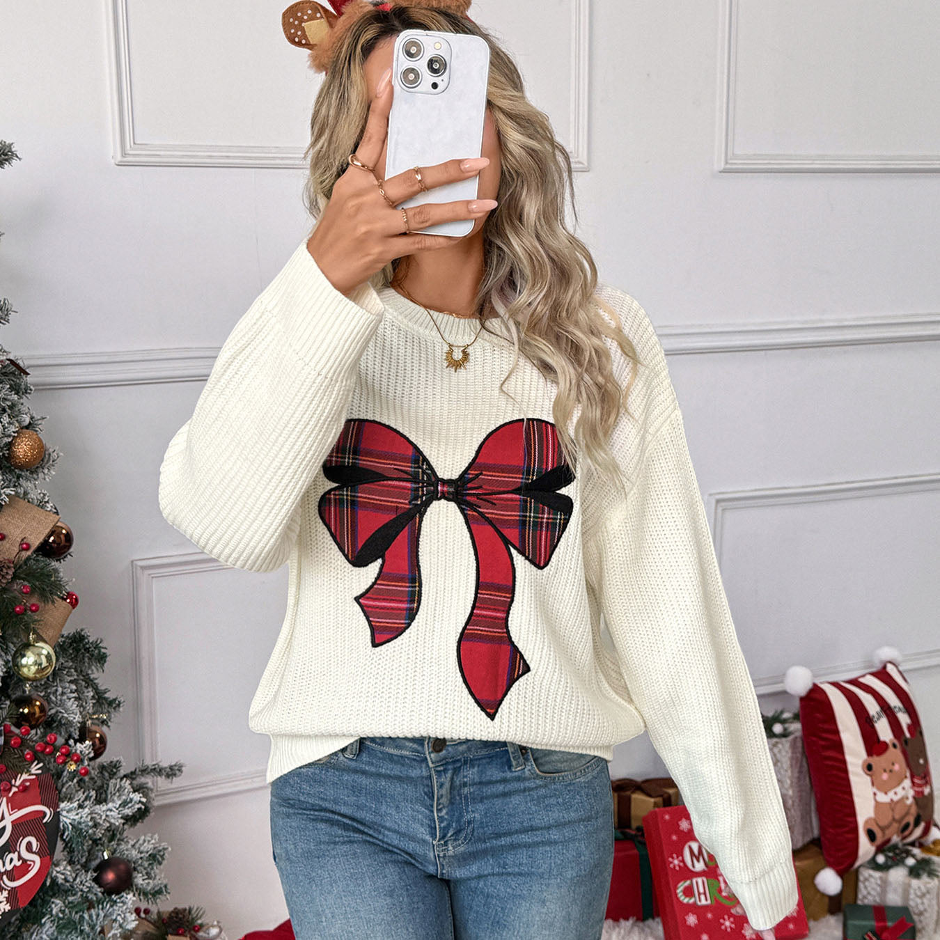 Ugly Christmas Sweaters 1980s Plaid Bow Round Neck Sweater - Ciclove