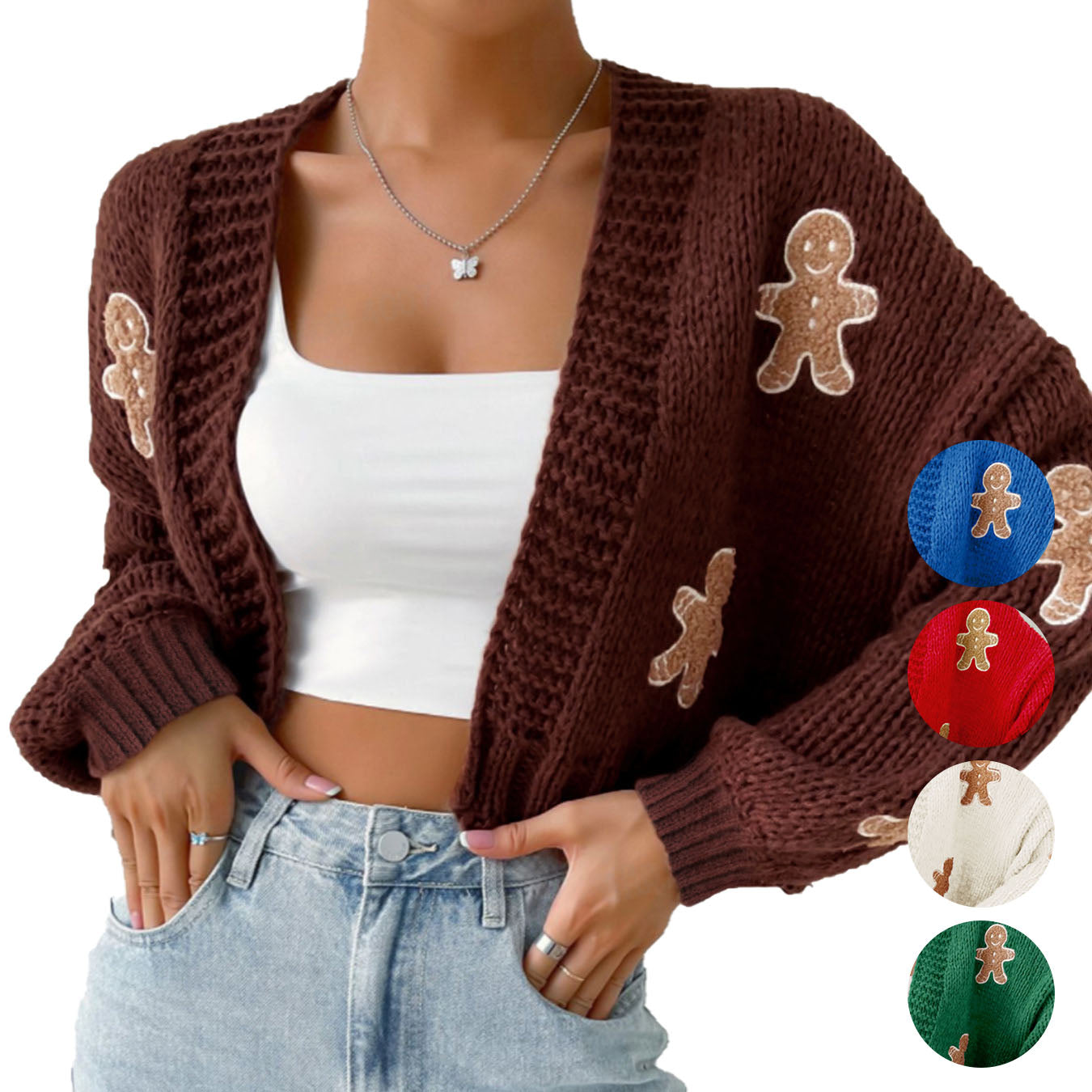 Brown 1960s Gingerbread Cropped Ugly Christmas Sweater Cardigan - Ciclove