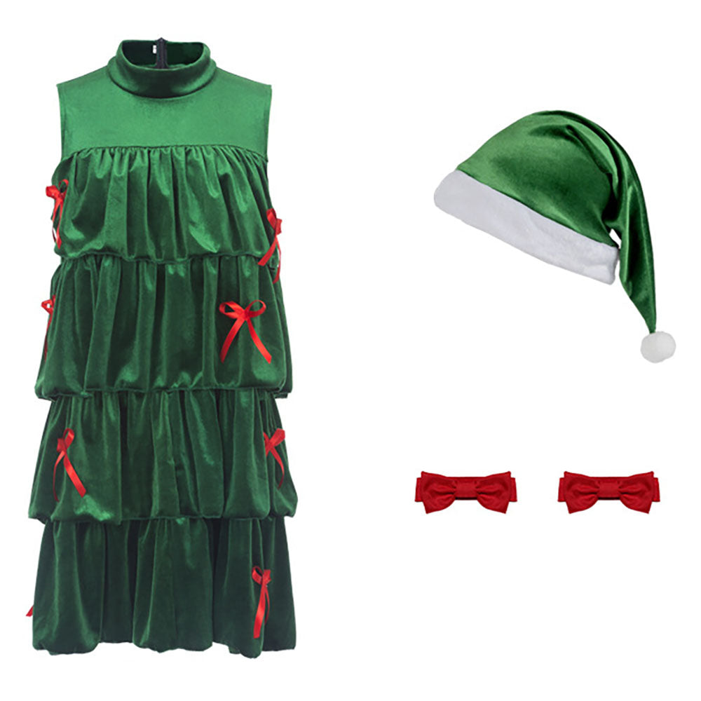 Christmas Green 1960s Velvet Bowknot Stand Collar Tiered Costumes Dress - Ciclove