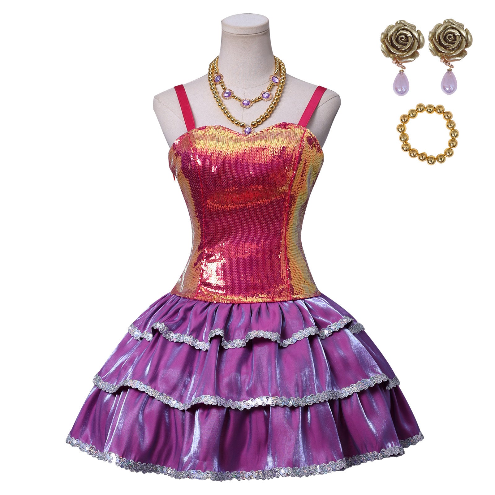 Christmas Pink 1960s Sequin Strap Ruffled Costumes Dress - Ciclove