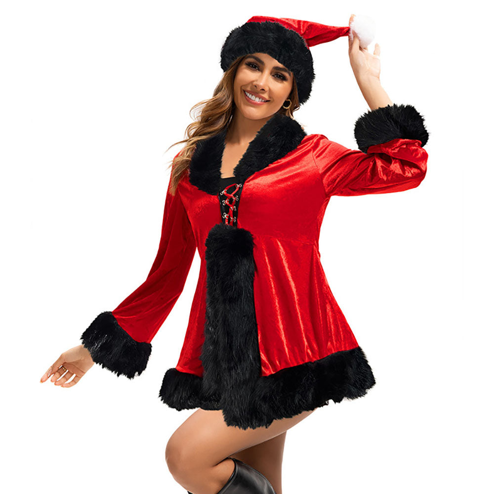 Red 1970s Christmas Fur-Trim Lace Up Velvet Costumes Dress - Ciclove