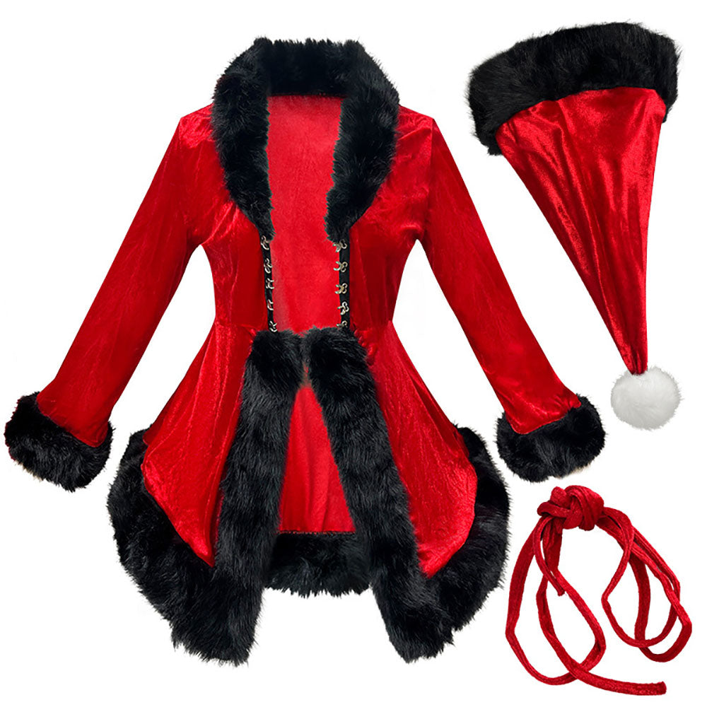Red 1970s Christmas Fur-Trim Lace Up Velvet Costumes Dress - Ciclove