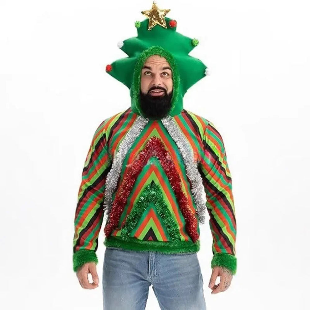 1970s Colorful Ugly Christmas Sweaters Tree 3D Embellished Hoodie - Ciclove