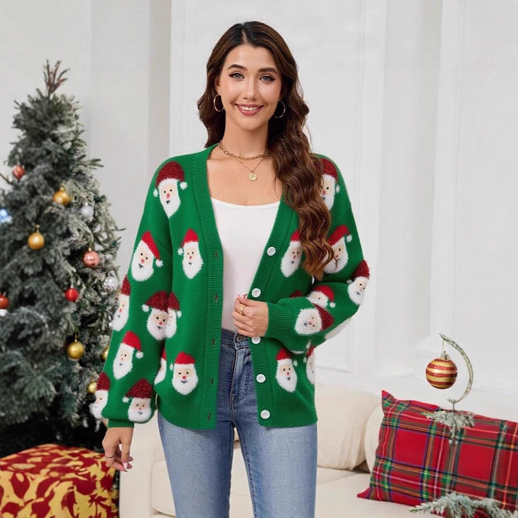 Ugly Christmas Sweaters Pink 1940s Santa Claus Jacquard Cardigan - Ciclove