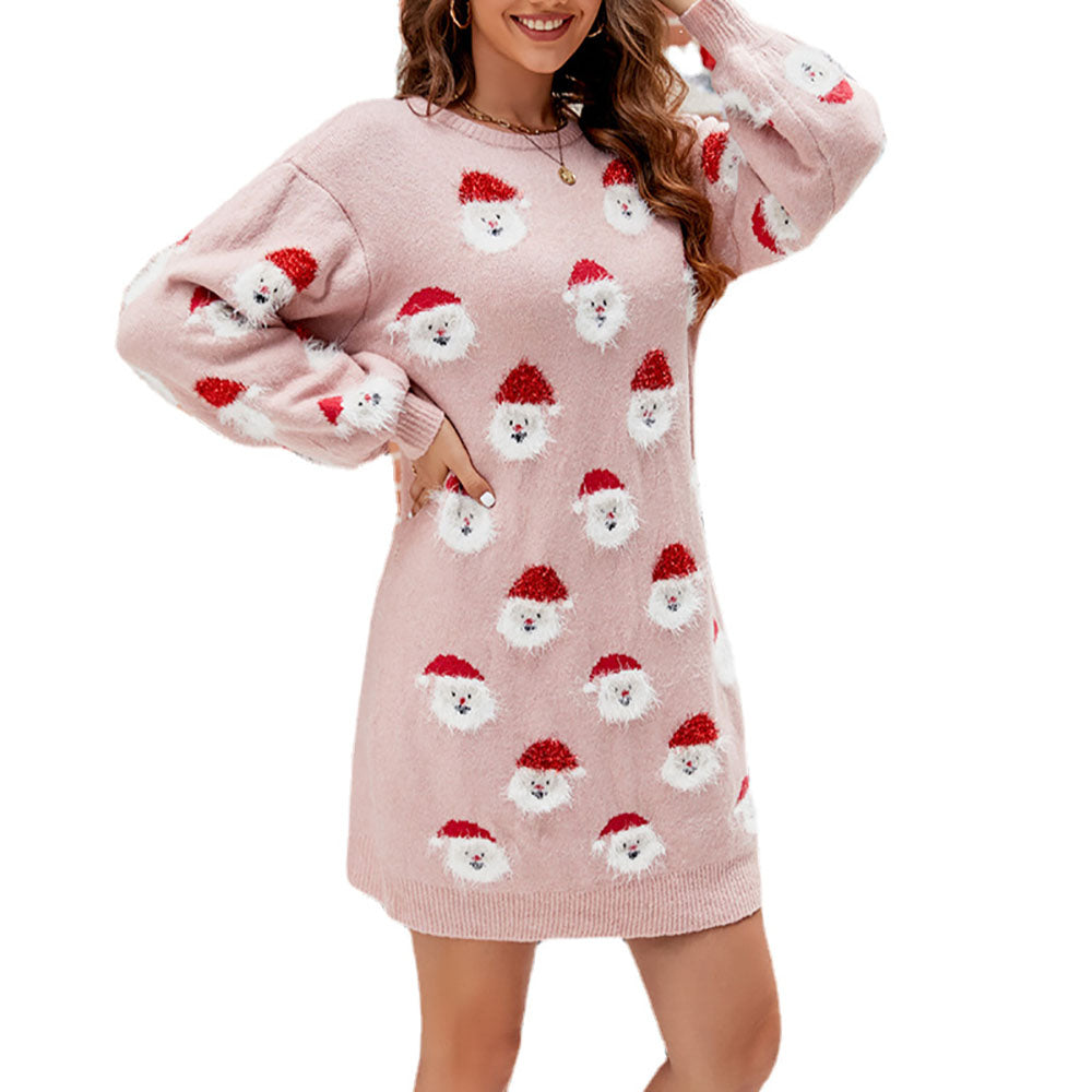 Ugly Christmas Pink 1940s Santa Claus Jacquard Dress - Ciclove