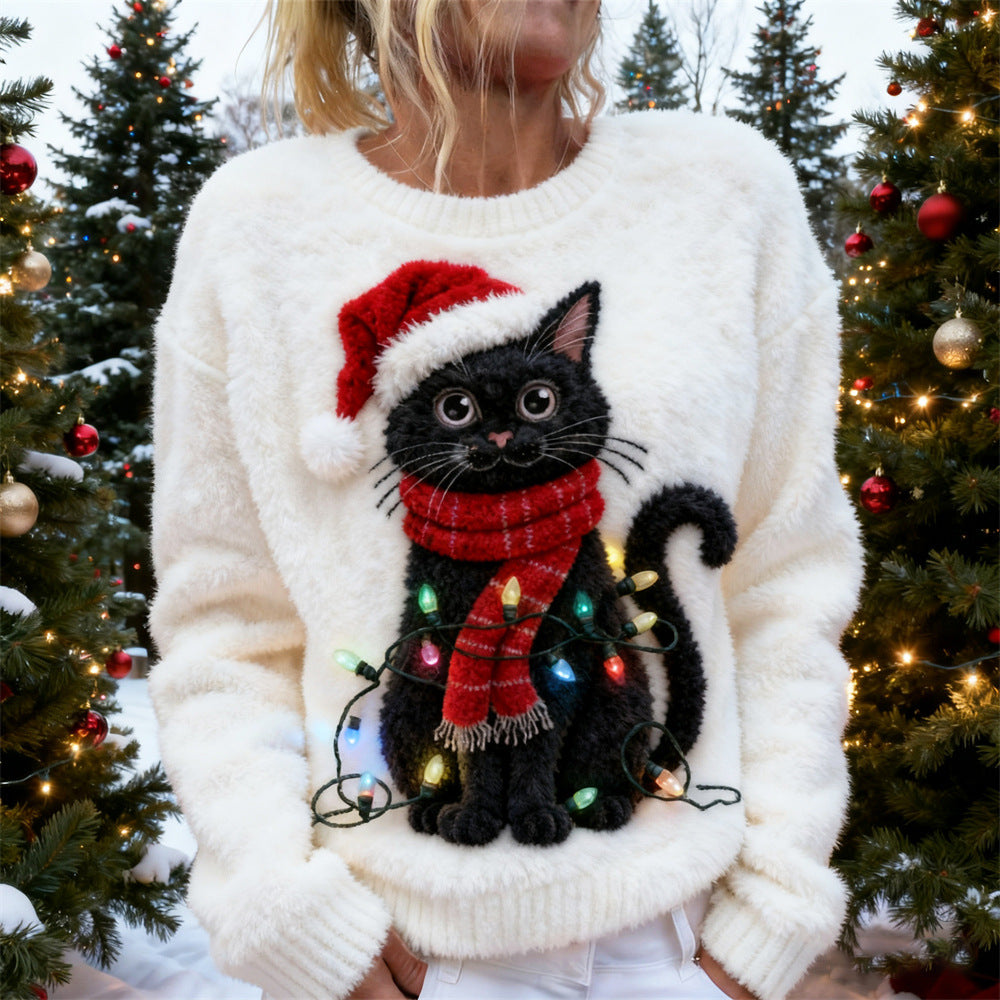 Ugly Christmas Lights Cat Women's Soft Plush Sweater - Ciclove