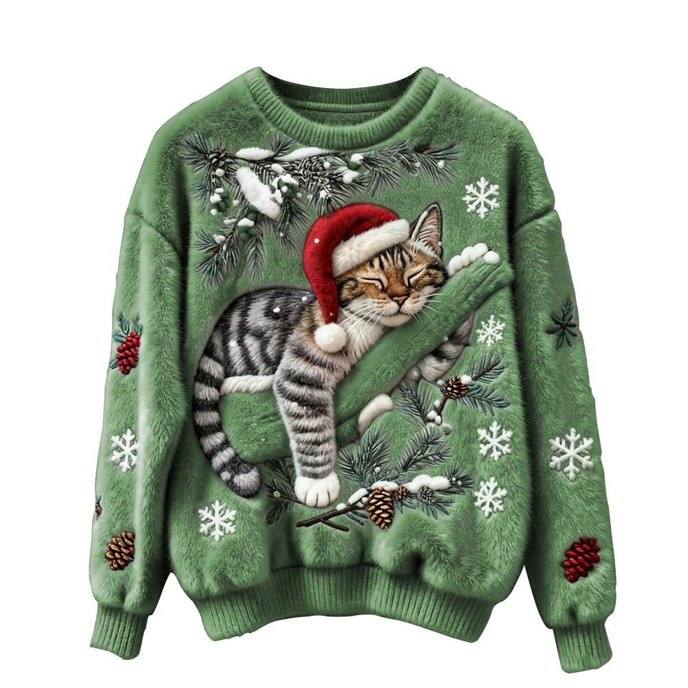 Ugly Women's Christmas Cat Comfortable Crew Neck Sweater - Ciclove