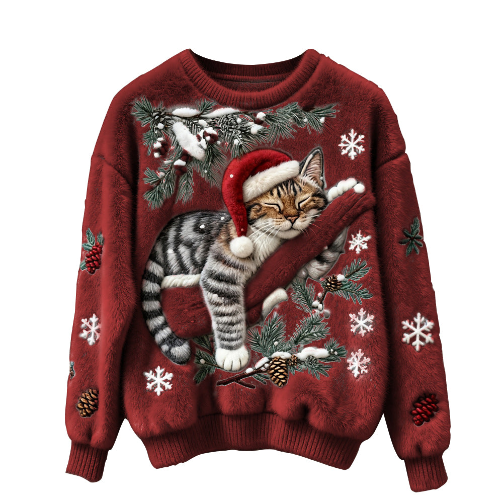 Ugly Women's Christmas Cat Comfortable Crew Neck Sweater - Ciclove