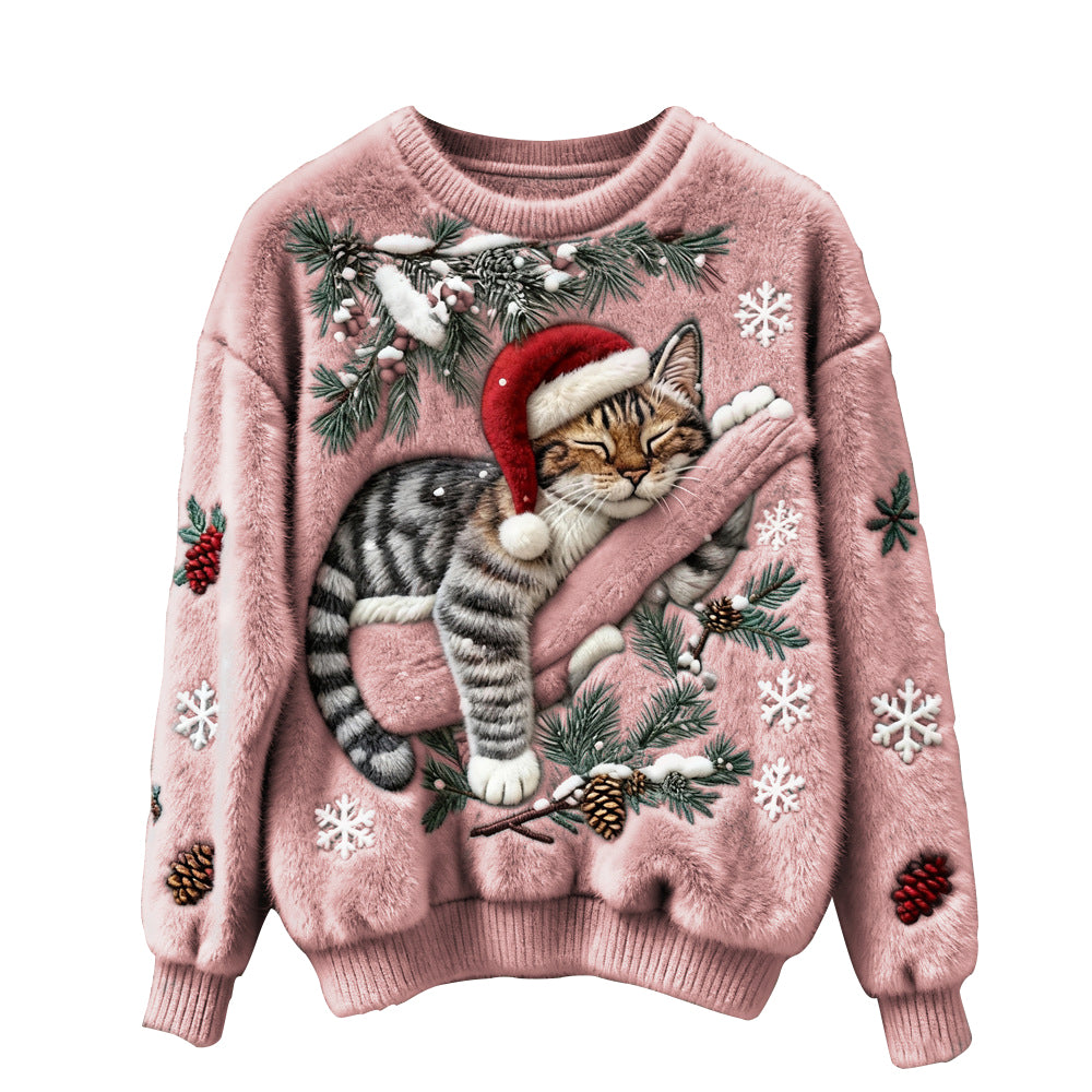 Ugly Women's Christmas Cat Comfortable Crew Neck Sweater - Ciclove