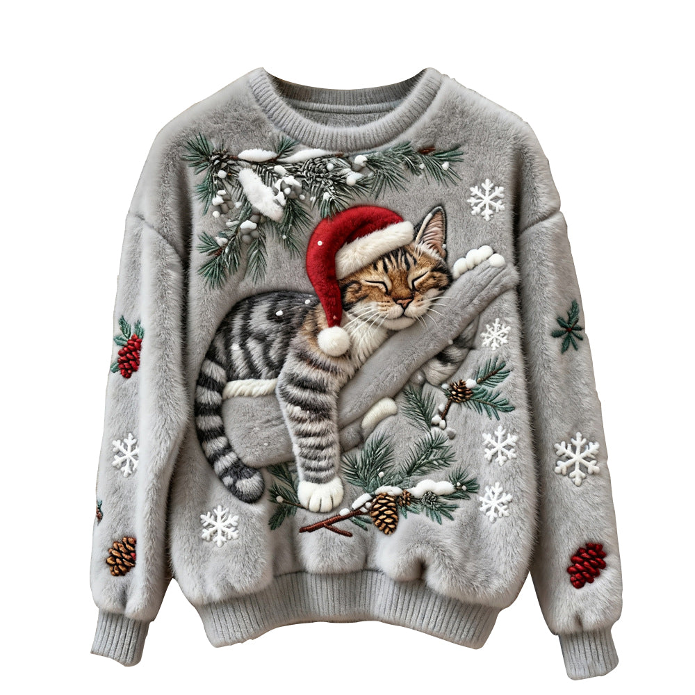 Ugly Women's Christmas Cat Comfortable Crew Neck Sweater - Ciclove
