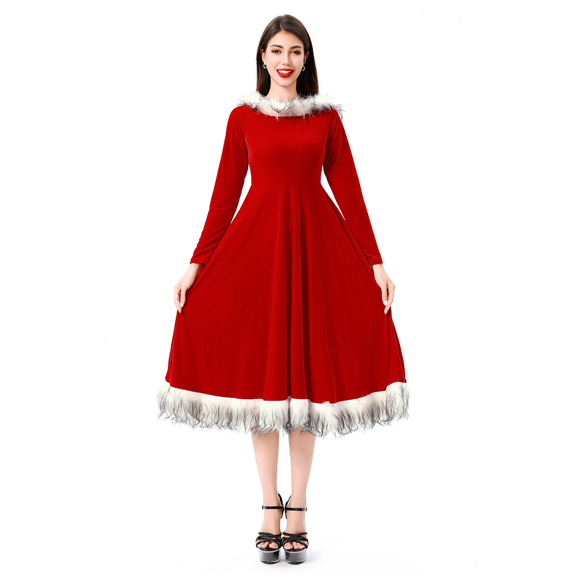 Christmas Red 1970s Christmas Fur Costumes Hooded Dress - Ciclove