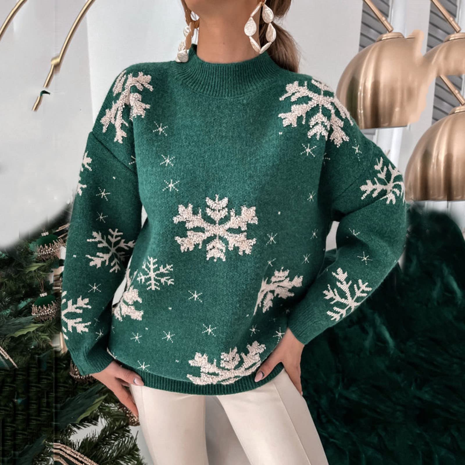 Ugly 1940s Christmas Fleece-Snowflake Turtleneck Sweater - Ciclove