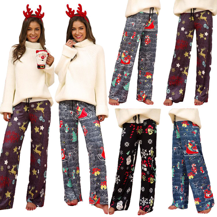 Christmas Costumes Women's Casual Print Belted High Waist Wide Leg Pants