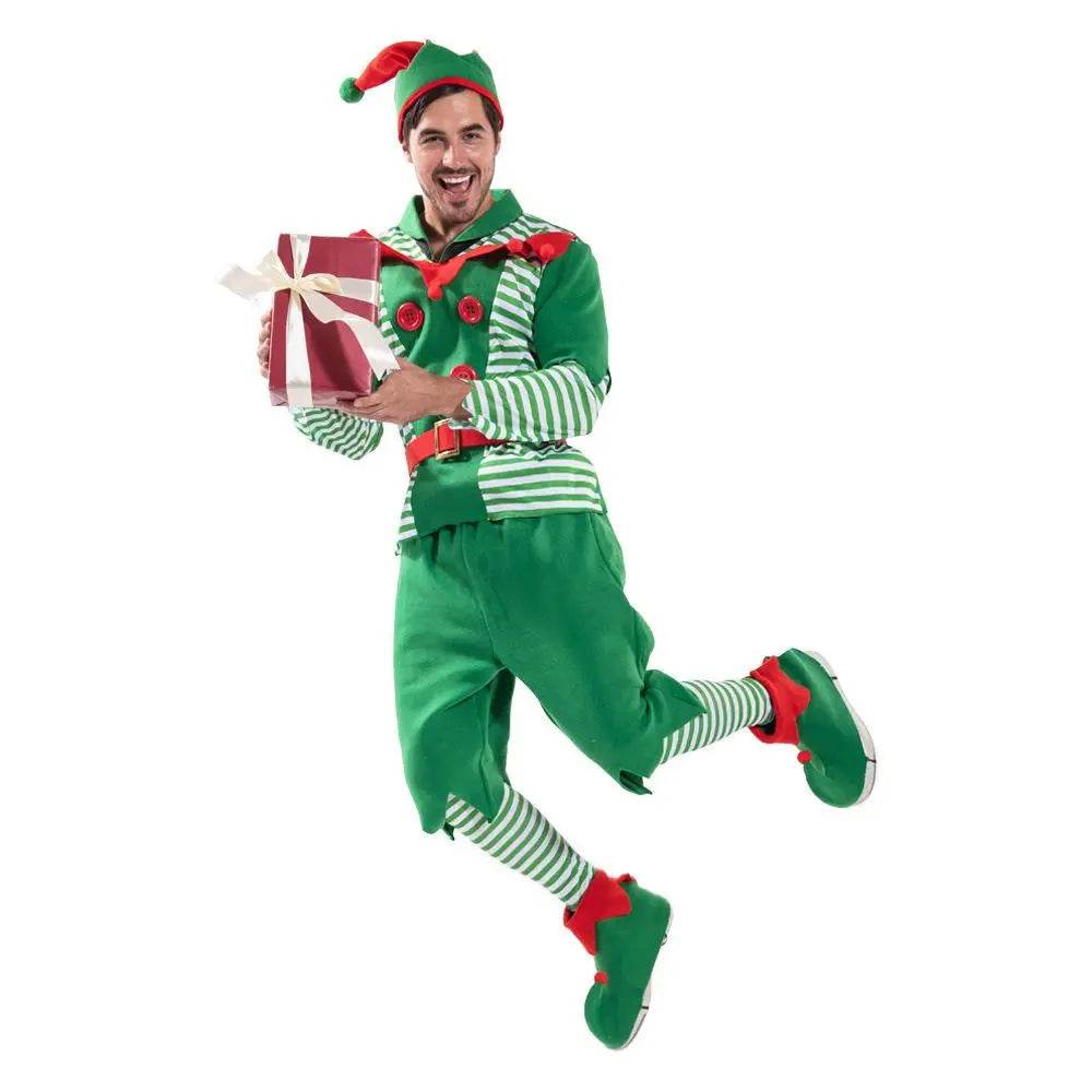 Christmas Elf Adult Men Costume with Elf Hat Stripes Design for Christmas Parties - ciclove