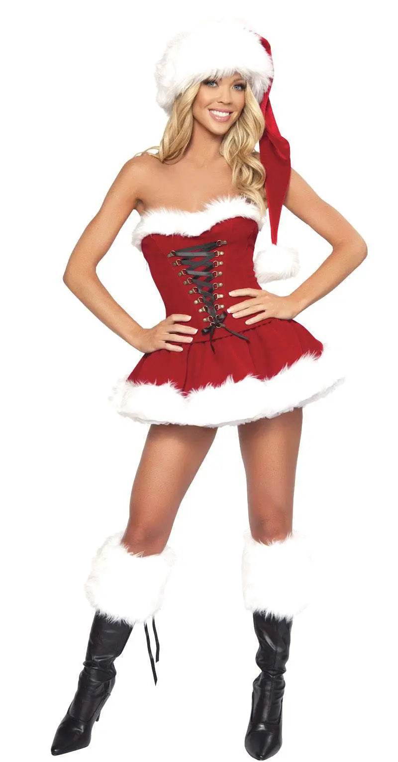 Red Christmas Party Dress Costume Xmas Hat White White Fur Cosplay - ciclove
