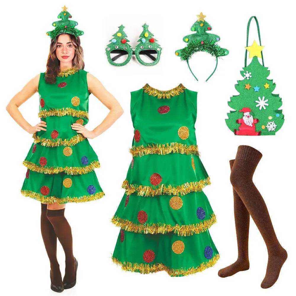 Women Christmas Tree Costume Green Elf Skirt Set - ciclove