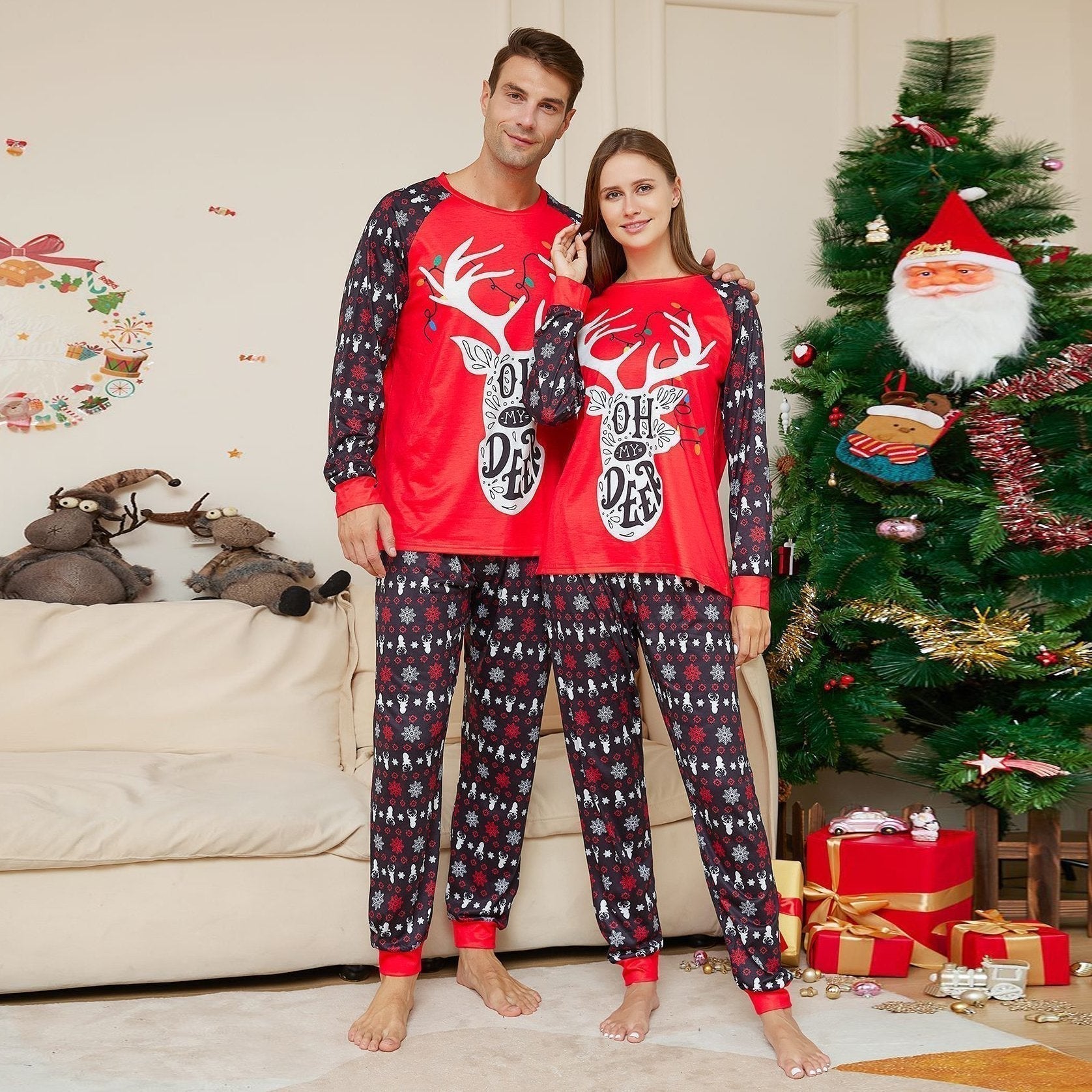 BuyChristmas Elk Antler Letter Print Family Couples Matching Pajamas Party Sets Now Cheaper With 3 - 5 Days Ship - PajamasBuy