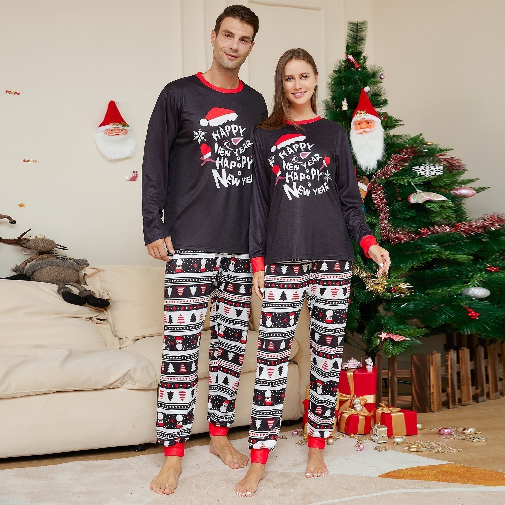 BuyChristmas Hat Letter Crew Neck Print Family Couples Matching Pajamas Party Sets Now Cheaper With 3 - 5 Days Ship - PajamasBuy