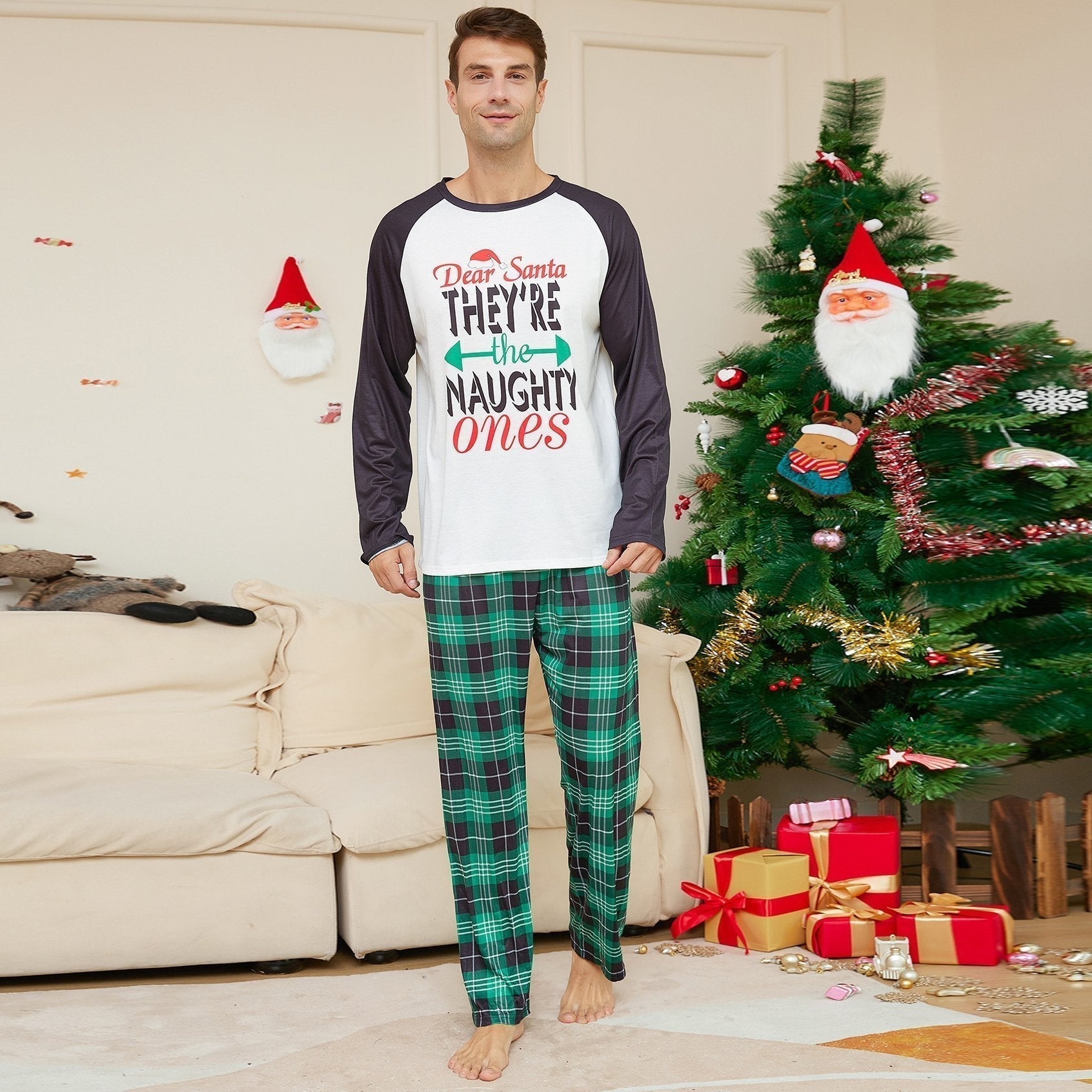 BuyChristmas Letters Green Plaid Print Family Couples Matching Pajamas Party Sets Now Cheaper With 3 - 5 Days Ship - PajamasBuy