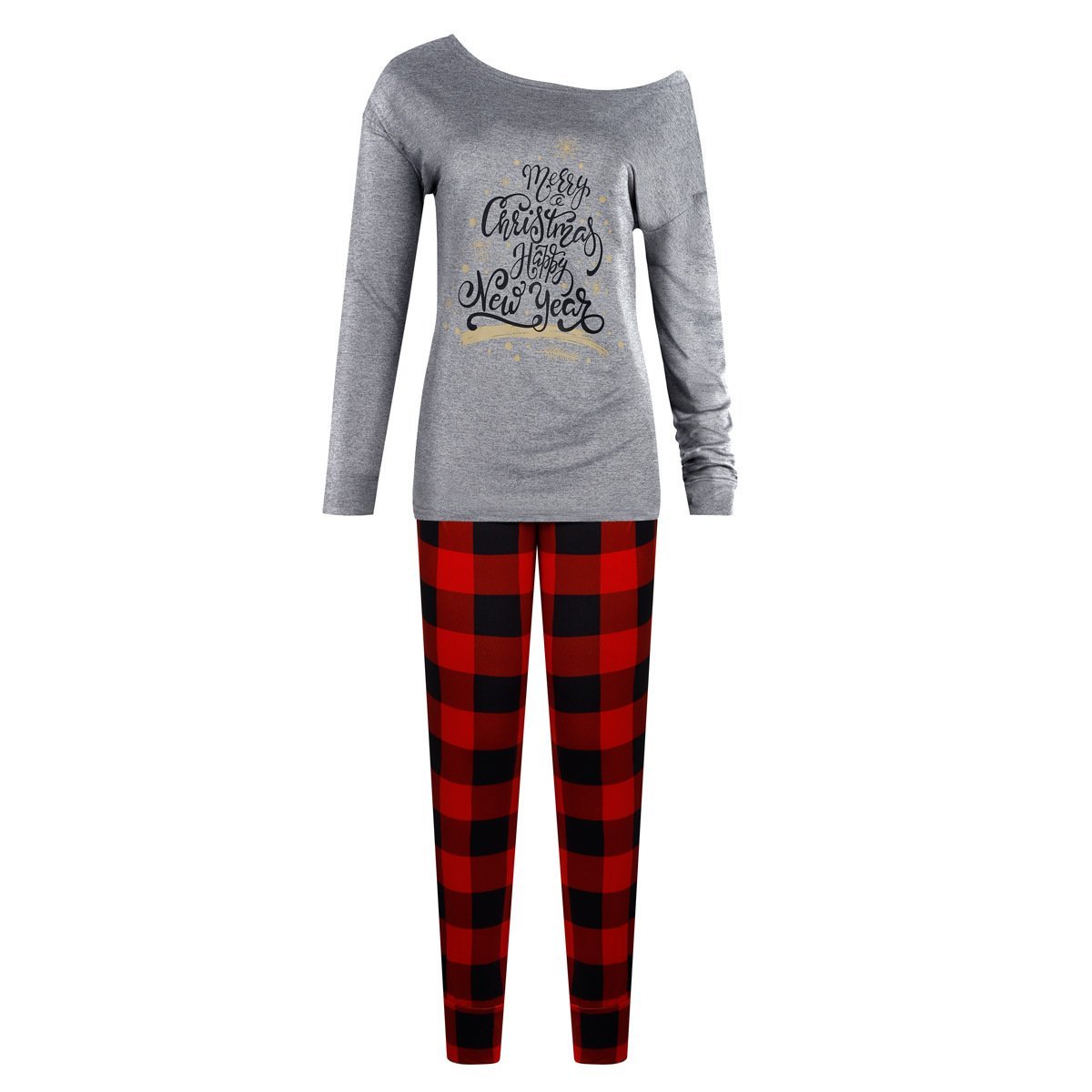2022 Christmas Pajamas Printed Oblique Shoulder Tops Plaid Pants Casual Suit Women