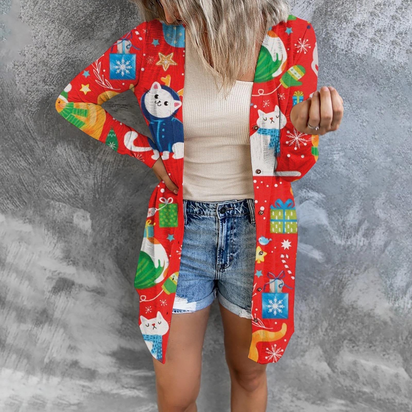 Christmas Print Fashion Button Long-sleeved Button Cardigan Women