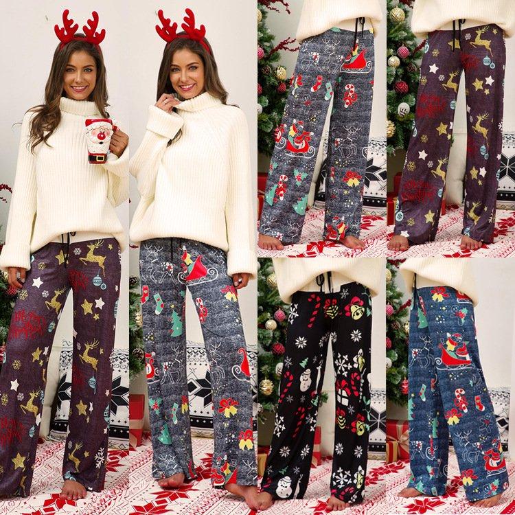 Christmas Costumes Women's Casual Print Belted High Waist Wide Leg Pants