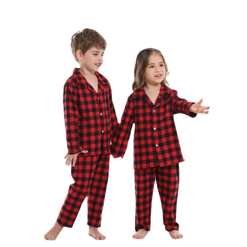Christmas Two-piece Pajamas Brother Sister Hood Cotton Red and Black Plaid Design
