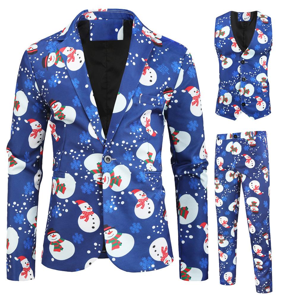 Christmas blue men's Blazer suits Santa 3D print trousers with vest